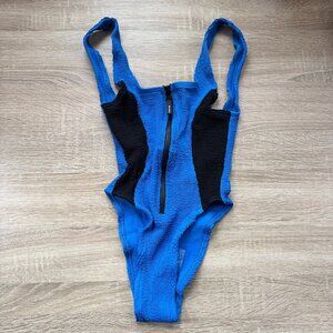 New Bond-Eye Splice Mara Zip-Up One-Piece Swim Suit Blue Black OS